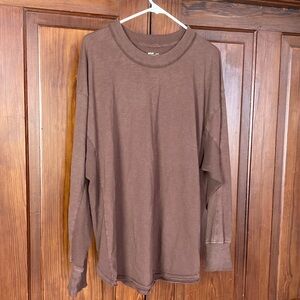 Aerie Chocolate Brown Long Sleeve Cotton Relaxed Raw Edge Women's Shirt Size XL
